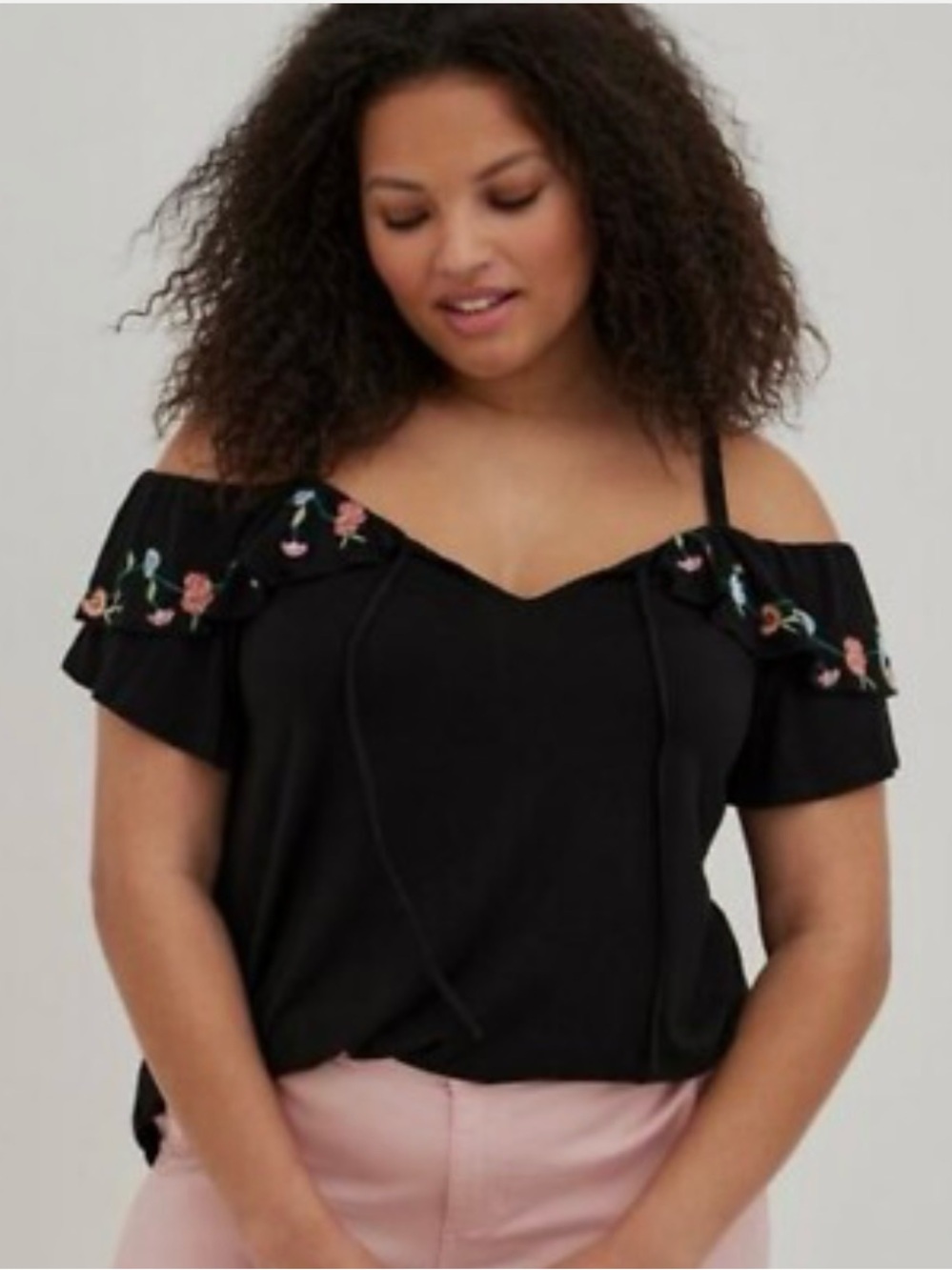 Torrid Black Floral Embroidered Super Soft Knit Cold-Shoulder Ruffle Top Size 2X